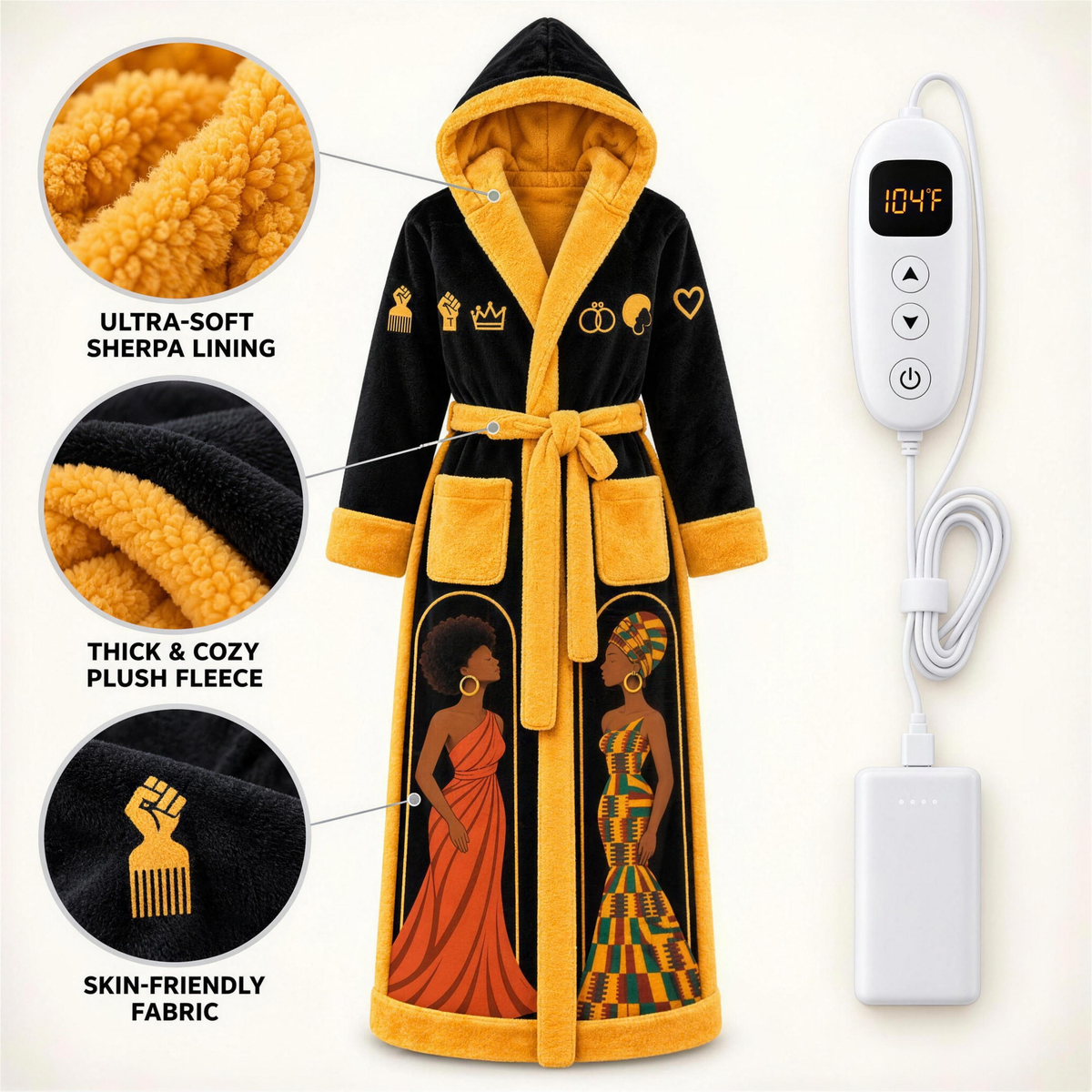 CrownCozy Heated Queen Robe features